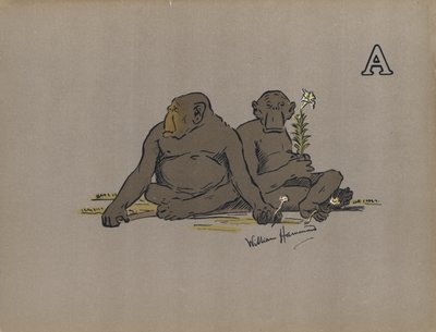 Litera A, Estetyczne małpy człekokształtne przyjmujące nienormalnie apatyczne postawy (kolor lito) autorstwa William Hammond