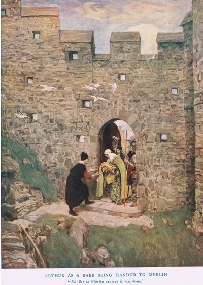 Artur jako niemowlę przekazywany Merlinowi, ilustracja z "Króla Artura". autorstwa William Hatherell