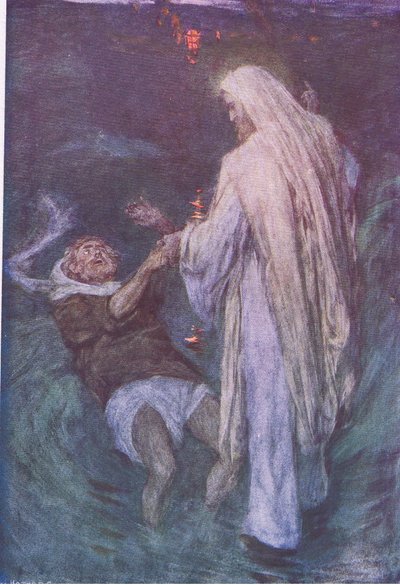 Chrystus kroczący po morzu, z Opowieści biblijnej wydanej przez Hodder & Stoughton, ok. 1930 r. autorstwa William Hatherell
