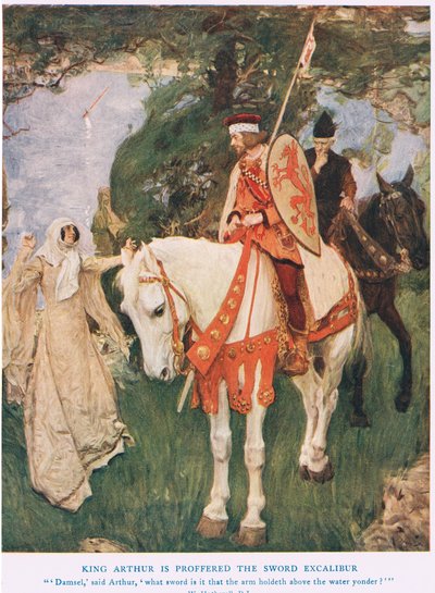 Król Artur jest oferowany miecz Excalibur, ilustracja z „Króla Artura” autorstwa William Hatherell
