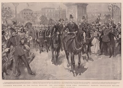Powitanie Brygady Marynarki Wojennej w Londynie, kontyngent z HMS Powerful przechodzący przez Trafalgar Square autorstwa William Hatherell