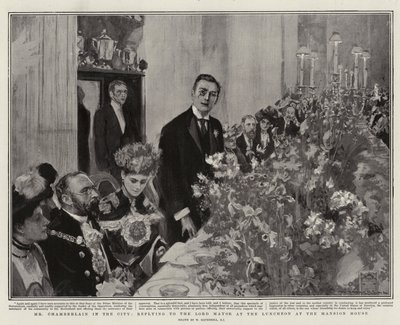 Pan Chamberlain w mieście, odpowiadając Lordowi Burmistrzowi na lunchu w Mansion House autorstwa William Hatherell