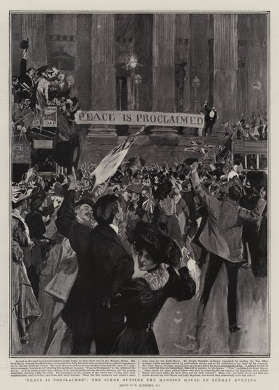 Ogłoszono pokój, scena przed dworkiem w niedzielny wieczór autorstwa William Hatherell