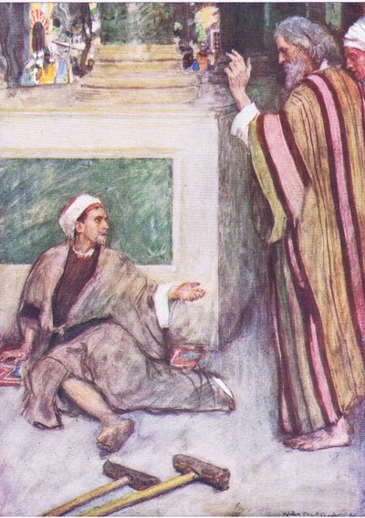 Peter i John uzdrawiający chromego człowieka, z The Bible Story opublikowanej przez Hodder & Stoughton, c.1930 autorstwa William Hatherell