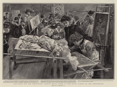 Przygotowania do koronacji, szycie Królewskich Szat w Królewskiej Szkole Rzemiosła Artystycznego autorstwa William Hatherell