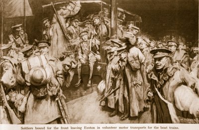 Sceny przejmującej radości i patosu rozgrywające się na wielkich dworcach kolejowych Londynu, 1914-19 autorstwa William Hatherell