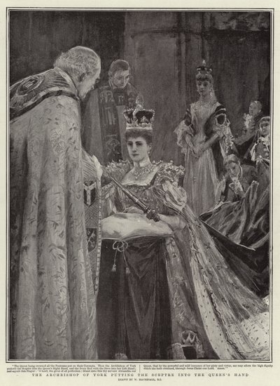 Arcybiskup Yorku wkładając berło w rękę królowej autorstwa William Hatherell
