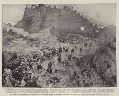 Szturm na wzgórze Dargai 20 października, przełęcz została sforsowana przez Gordon Highlanders, a następnie Dorsetshires, Derbyshires, 3rd Sikhs i Gurkhas. autorstwa William Hatherell