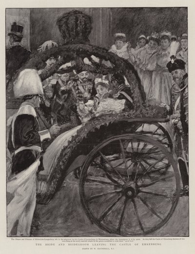 Panna Młoda i Pan Młody opuszczający zamek Ehrenburg autorstwa William Hatherell