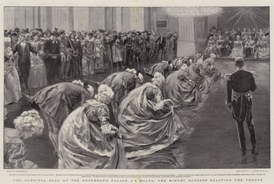 Bal Karnawałowy w Pałacu Gubernatora na Malcie, Tancerze Menuet pozdrawiający Tron autorstwa William Hatherell