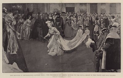 Bal kostiumowy księżnej Devonshire, procesja gości kłaniających się grupie królewskiej w salonie White and Gold, 1897 r. autorstwa William Hatherell