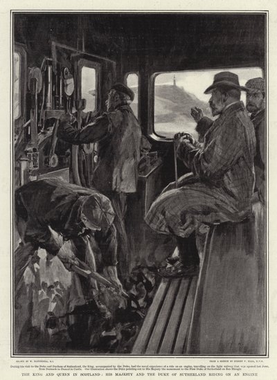 Król i Królowa w Szkocji, Jego Wysokość i Książę Sutherland jadący na silniku autorstwa William Hatherell