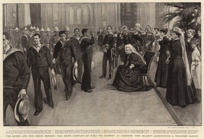 Królowa i Bohaterowie Beninu, Kompania Okrętowa H M S St George w Osborne, Jej Wysokość przesłuchuje rannego marynarza autorstwa William Hatherell