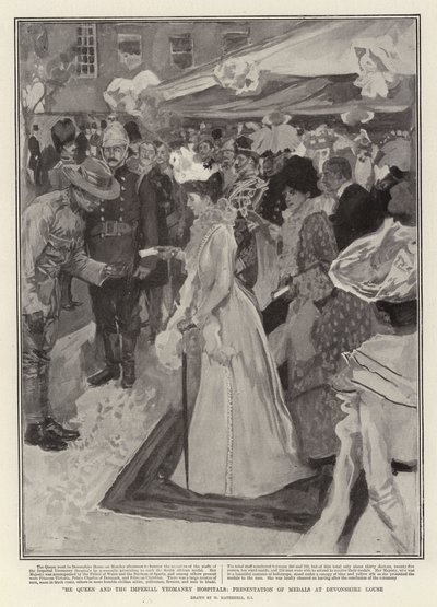 Szpitale Królowej i Cesarskiej Yeomanry, wręczenie medali w Devonshire House autorstwa William Hatherell