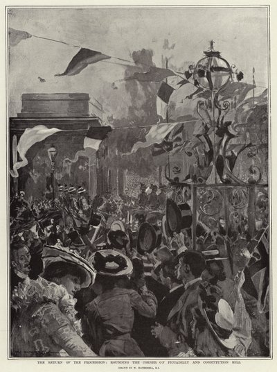 Powrót procesji, okrążając róg Piccadilly i Wzgórze Konstytucji autorstwa William Hatherell