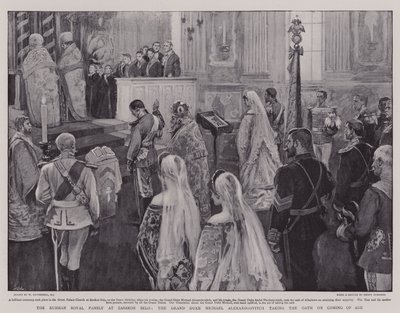 Rosyjska rodzina królewska w Zarskoe Selo, wielki książę Michał Aleksandrowicz złożył przysięgę po osiągnięciu pełnoletności autorstwa William Hatherell