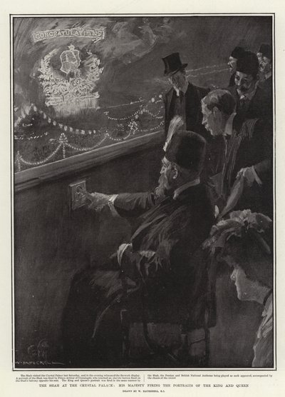 Szach w Kryształowym Pałacu, Jego Wysokość wypala Portrety Króla i Królowej autorstwa William Hatherell