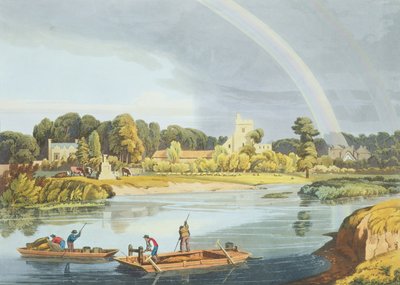 Staines Church with City Stone on Banks of the River, rytowany przez Roberta Havella Młodszego (1793-1878) opublikowany 1818 (akwatinta) autorstwa William Havell