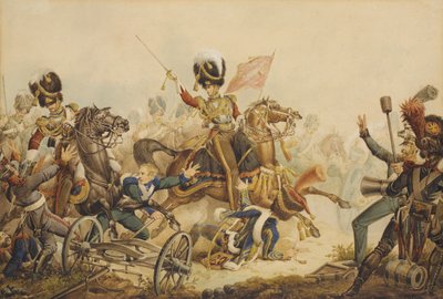 1. Life Guards szarżujący na francuską artylerię w bitwie pod Waterloo w 1815, 1820 r autorstwa William Heath
