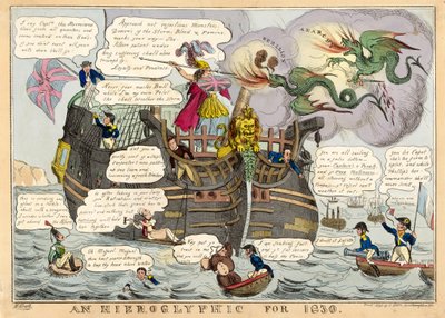 Hieroglif na rok 1830, wyd. 1830 ręcznie kolorowane grawerowanie. autorstwa William Heath