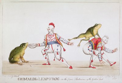 Żabi skok Grimaldiego w komicznej pantomimie Złota rybka, 1812 r. autorstwa William Heath