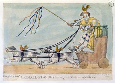 Tandem Grimaldiego w komicznej pantomimie Złota rybka, pub. 1812 autorstwa William Heath