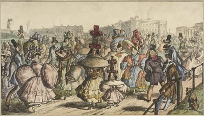 Mężczyźni i kobiety w efektownych strojach spacerujący po parku w mieście Park - 1830 (tytuł na obiekcie) autorstwa William Heath