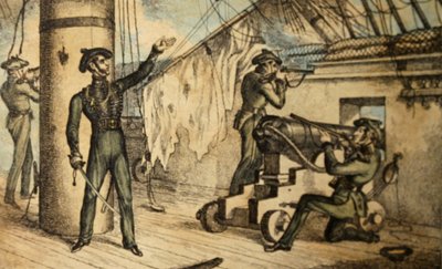 Strzelcy piechoty morskiej w akcji na pokładzie niezidentyfikowanego okrętu wojennego, ok. 1835 r. (akwaforta ręcznie kolorowana) autorstwa William Heath