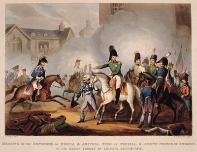 Spotkanie cesarzy Rosji i Austrii, króla pruskiego i następcy tronu Szwecji na Wielkim Placu Lipskim, 18 października 1813, z „Martial Achievements of Great Britain and her Al autorstwa William Heath