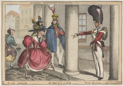 „Współczesna galanteria wojskowa – szkic w pobliżu Nowego Pałacu na zewnątrz – Och, jest tak brudno”, ok. 1829 (kolorowa akwaforta) autorstwa William Heath