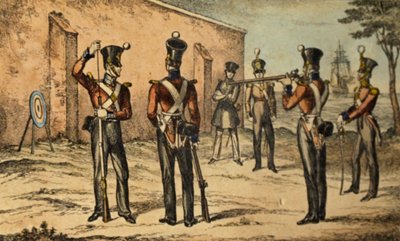 Obecny strój marines podczas ćwiczeń z tarczą, ok. 1835 (akwaforta ręcznie kolorowana) autorstwa William Heath
