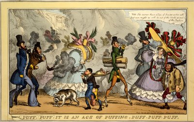 Puff, Puff, it is an age of puffing, Puff, Puff, Puff, pub. Thos. McLean, Londyn, 1827 (rycina ręcznie kolorowana) autorstwa William Heath