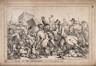 Robert Peel jako bokser atakujący strażników nocnych z zamiarem zastąpienia ich siłami policyjnymi. Akwaforta autorstwa Paula Pry’ego (W. Heath). autorstwa William Heath