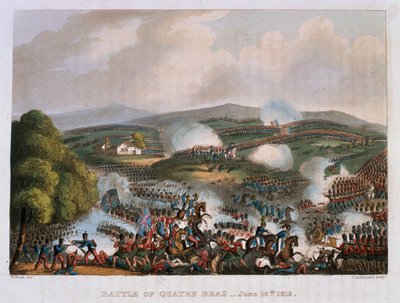 Bitwa pod Quatre Bras 16 czerwca 1815 r., rycina Thomas Sutherland, 1815 r. (kolorowa akwatinta) autorstwa William Heath