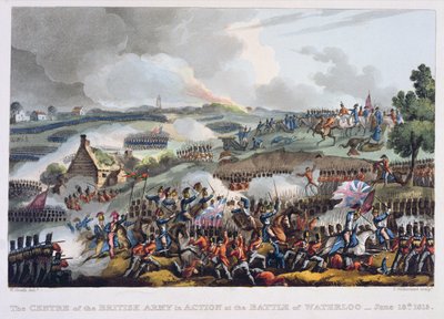 Centrum Armii Brytyjskiej w akcji w bitwie pod Waterloo, 18 czerwca 1815 r., z "The Martial Achievements of Great Britain and her Allies from 1799 to 1815", James Jenkins, wyryte przez Tho autorstwa William Heath
