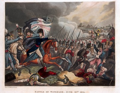 Książę Wellington (1769-1852) z wojskami nacierającymi w bitwie pod Waterloo, ilustracja z wiersza narracyjnego dr. Syntaxa, 1818 (kolorowa akwatinta) autorstwa William Heath