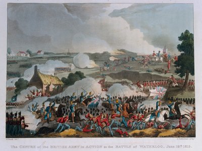 Środek armii brytyjskiej w akcji podczas bitwy pod Waterloo, 1815 (akwatinta) autorstwa William Heath