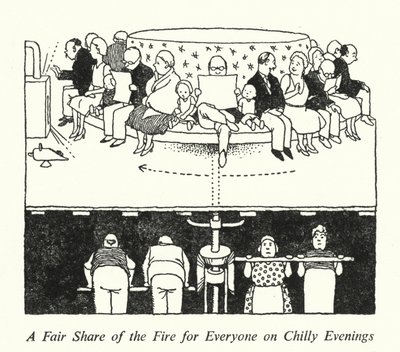 Sprawiedliwy udział w ogniu dla wszystkich w chłodne wieczory (lito) autorstwa William Heath Robinson