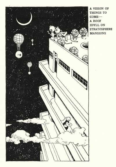 Wizja rzeczy, które nadejdą, sielanka na dachu w rezydencjach stratosfery (lito) autorstwa William Heath Robinson