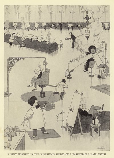 Pracowity poranek w wystawnej pracowni modnej fryzjerki autorstwa William Heath Robinson
