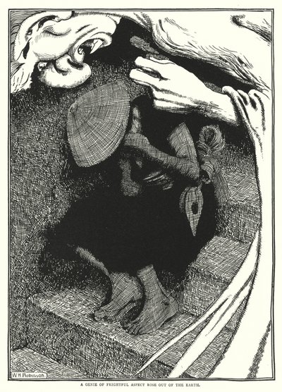 Dżin o przerażającym aspekcie wyrósł z ziemi (rycina) autorstwa William Heath Robinson
