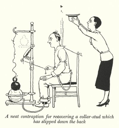 Zgrabne urządzenie do odzyskiwania spinki do kołnierza, która zsunęła się z tyłu (litografia) autorstwa William Heath Robinson