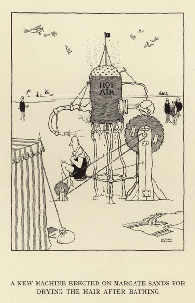 Nowa maszyna postawiona na Margate Sands do suszenia włosów po kąpieli autorstwa William Heath Robinson