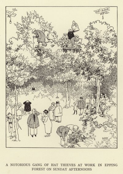 Znany gang złodziei kapeluszy w pracy w Epping Forest w niedzielne popołudnia autorstwa William Heath Robinson