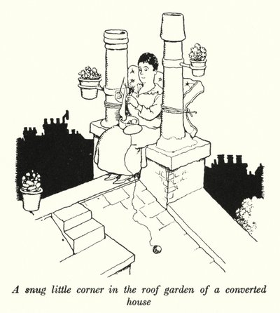 Przytulny kącik w ogrodzie na dachu przebudowanego domu (lito) autorstwa William Heath Robinson