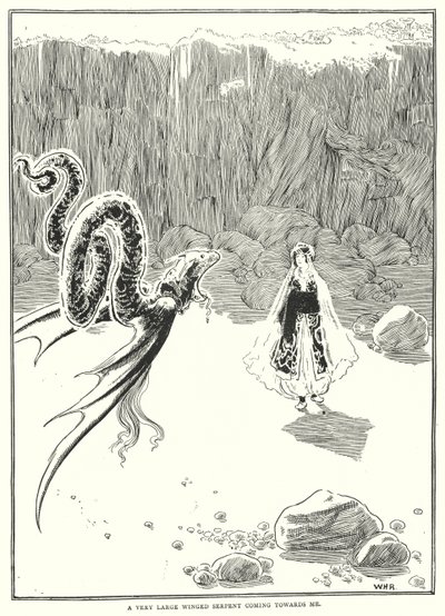 Bardzo duży uskrzydlony wąż zbliżający się do mnie (rycina) autorstwa William Heath Robinson