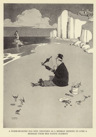 Stara dusza o ciepłym sercu przebrana za syrena, który chce wywabić syrenę z jej rodzimego żywiołu autorstwa William Heath Robinson