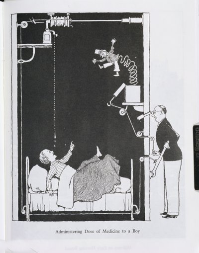 Podawanie dawki leku chłopcu, ilustracja z „Wynalazków” autorstwa William Heath Robinson