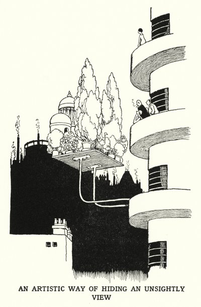Artystyczny sposób na ukrycie nieestetycznego widoku (litografia) autorstwa William Heath Robinson