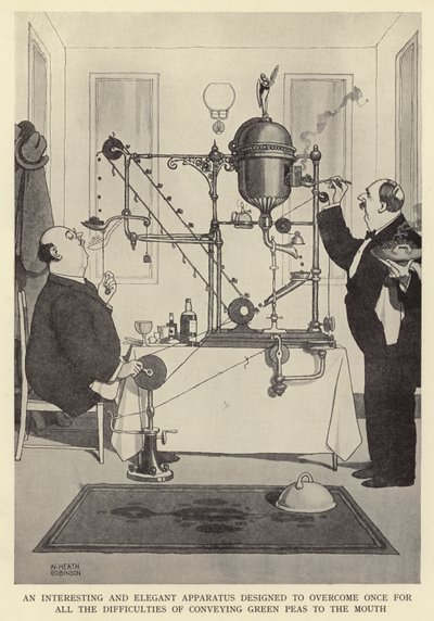 Ciekawa i elegancka aparatura zaprojektowana, aby raz na zawsze przezwyciężyć trudności z podawaniem zielonego groszku do ust autorstwa William Heath Robinson